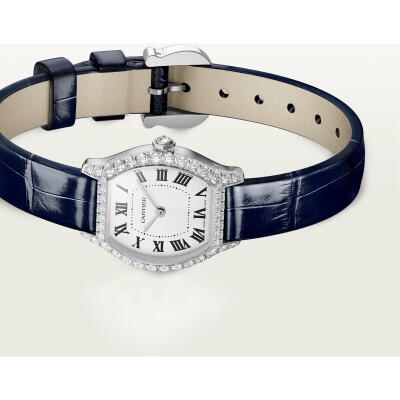 Montre Tortue Mini modèle, mouvement quartz, or gris, diamants, cuir