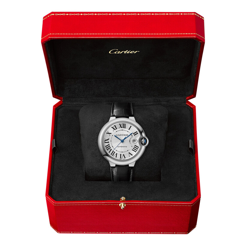 Ballon Bleu de Cartier watch, 40mm, automatic movement, steel, leather