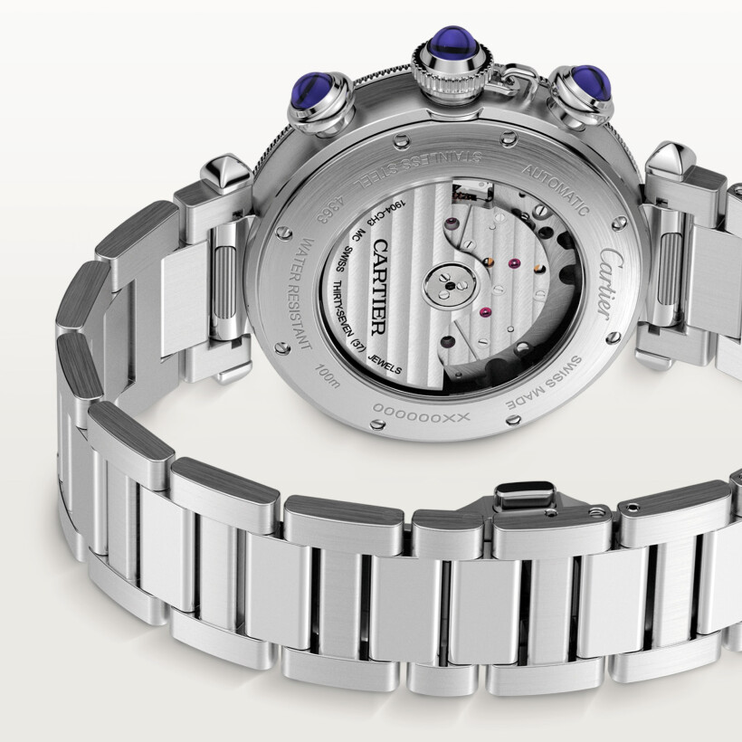 Montre Pasha de Cartier 41mm, chronographe, mouvement automatique, acier, bracelets métal et cuir interchangeables