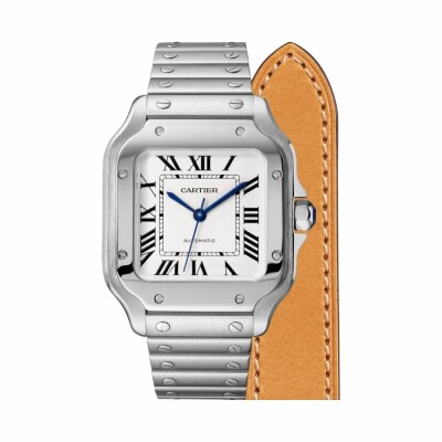 Montre Santos de Cartier Moyen modèle, mouvement automatique, acier, bracelets métal et cuir interchangeables