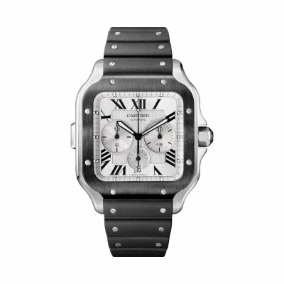 Santos de Cartier Chronograph watch, Extra-large model, automatic movement, steel, ADLC, interchangeable rubber and leather bracelets