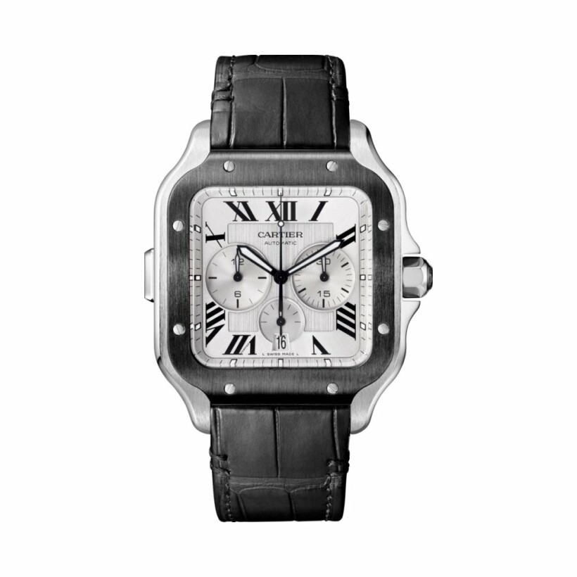 Santos de Cartier Chronograph watch, Extra-large model, automatic movement, steel, ADLC, interchangeable rubber and leather bracelets