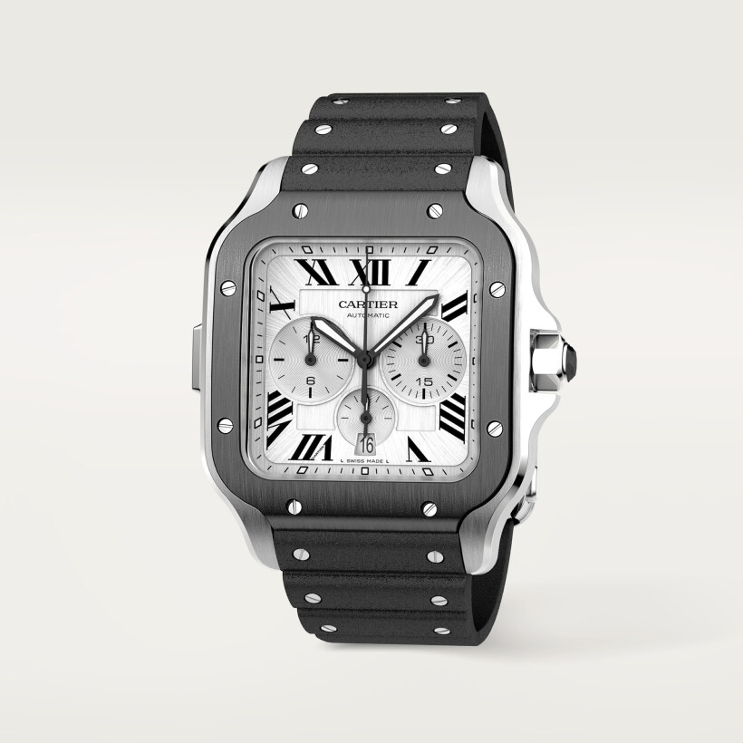 Montre Santos de Cartier Chronographe Modèle extra-large, mouvement automatique, acier, ADLC, bracelets caoutchouc et cuir interchangeables