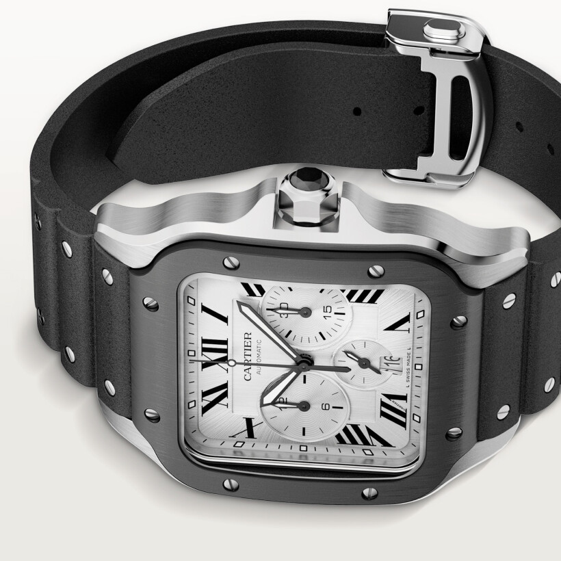Montre Santos de Cartier Chronographe Modèle extra-large, mouvement automatique, acier, ADLC, bracelets caoutchouc et cuir interchangeables