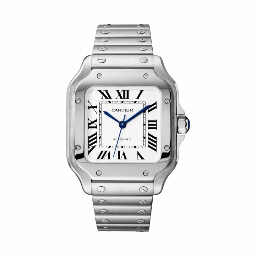 Santos de Cartier watch, Medium model, automatic movement, steel, interchangeable metal and leather bracelets