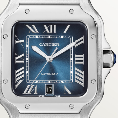 Montre Santos de Cartier Grand modèle, mouvement automatique, acier, bracelets métal et cuir interchangeables