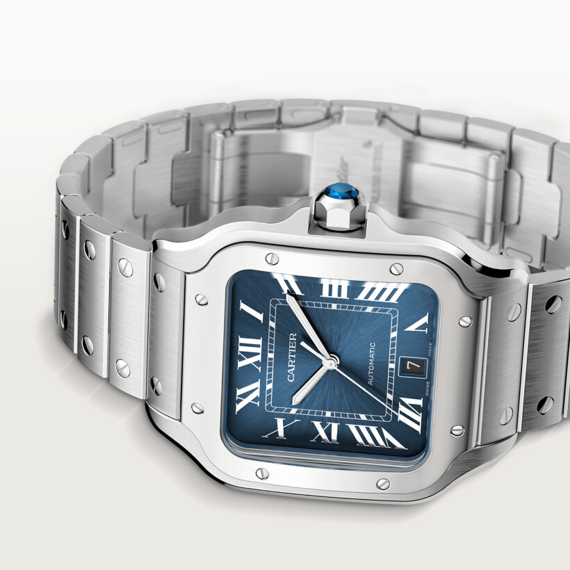 Montre Santos de Cartier Grand modèle, mouvement automatique, acier, bracelets métal et cuir interchangeables