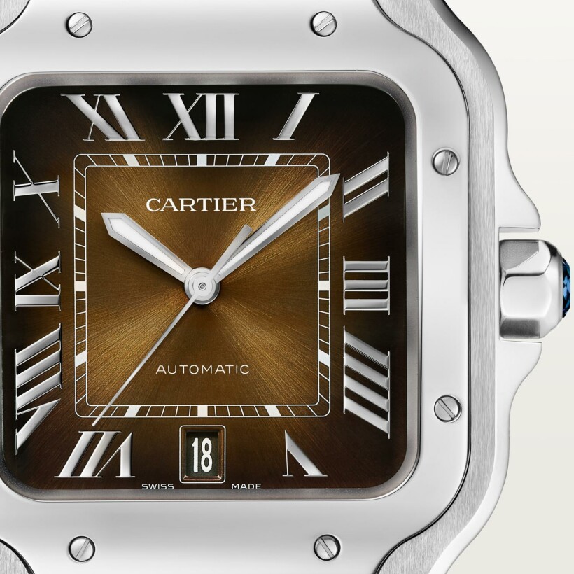 Montre Santos de Cartier, Grand modèle, mouvement automatique, acier, bracelets métal et cuir interchangeables