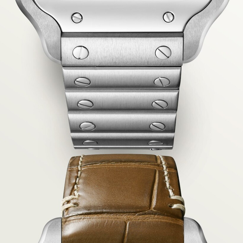 Montre Santos de Cartier, Moyen modèle, mouvement automatique, acier, bracelets métal et cuir interchangeables