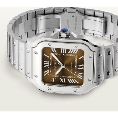 Santos de Cartier watch, Medium model, automatic movement, steel, interchangeable metal and leather straps