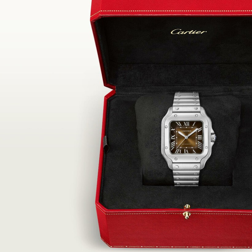 Santos de Cartier watch, Medium model, automatic movement, steel, interchangeable metal and leather straps