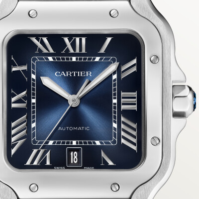 Montre Santos de Cartier, Grand modèle, mouvement automatique, acier, bracelets métal et cuir interchangeables