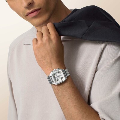 Montre Santos de Cartier Grand modèle, mouvement automatique, acier, bracelets métal et caoutchouc interchangeables