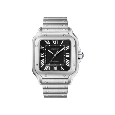 Montre Santos de Cartier Grand modèle, mouvement automatique, acier, bracelets métal et cuir interchangeables