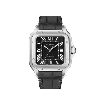 Montre Santos de Cartier Grand modèle, mouvement automatique, acier, bracelets métal et cuir interchangeables