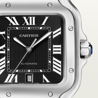 Montre Santos de Cartier Grand modèle, mouvement automatique, acier, bracelets métal et cuir interchangeables