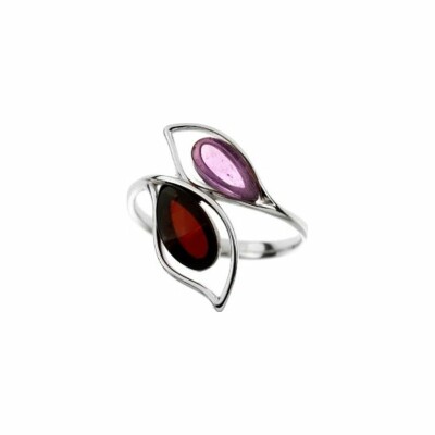 Bague en argent rhodié, améthyste et ambre