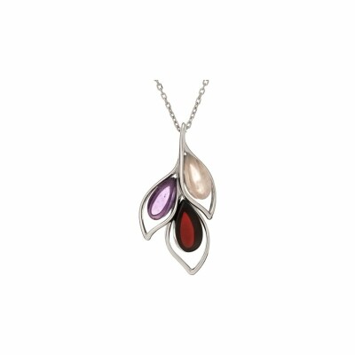 Pendentif en argent rhodié, quartz rose, améthyste et ambre