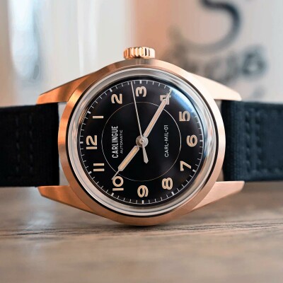 Montre CARLINGUE MILITARY HERITAGE Military 01 Noir PVD Or Rose CT-003-B-RG