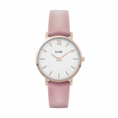 Montre Cluse Minuit Leather, Rose Gold, White/Pink