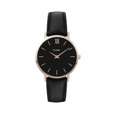 Montre Cluse Minuit Leather, Rose Gold, Black/Black