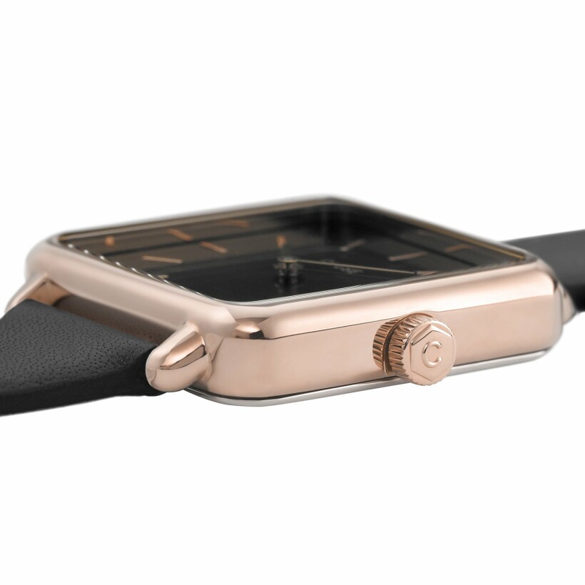 Montre Cluse La Tétragone Leather, Rose Gold, Black/Black