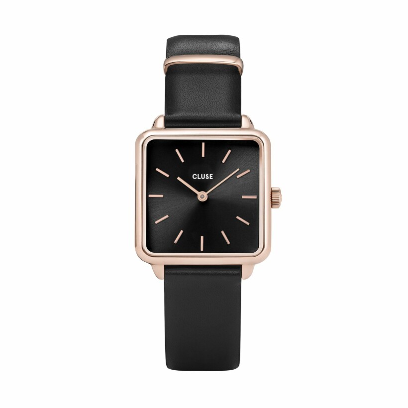 Montre Cluse La Tétragone Leather, Rose Gold, Black/Black