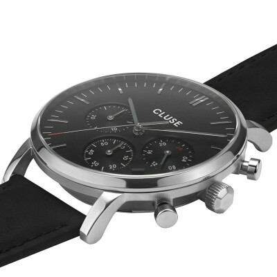 Montre Cluse Aravis Chrono Leather Silver Black / Black