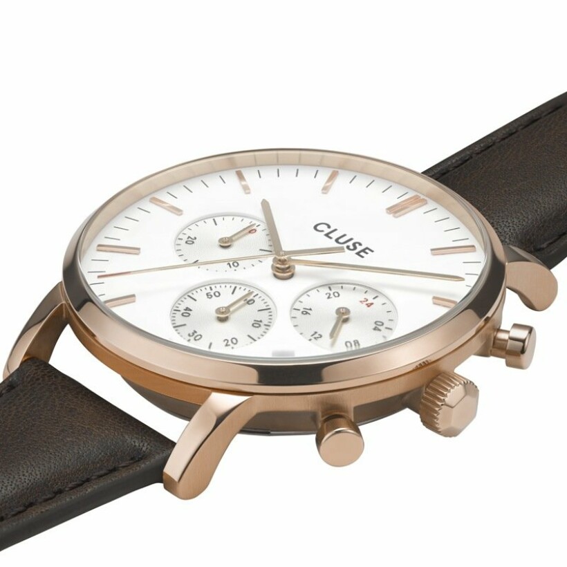 Montre Cluse Aravis Chrono Leather Rose Gold White / Dark Brown