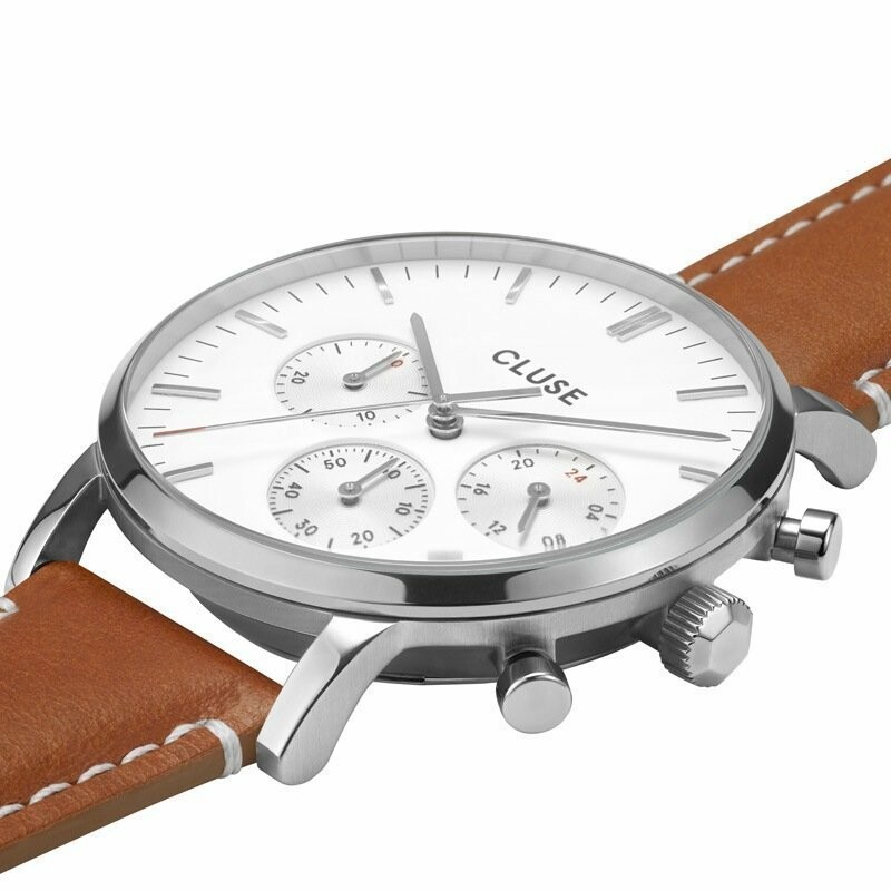 Montre Cluse Aravis Chrono Leather Silver White / Light Brown