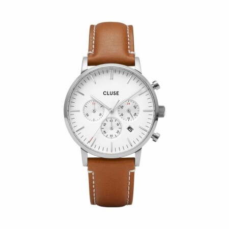 Montre Cluse Aravis Chrono Leather Silver White / Light Brown