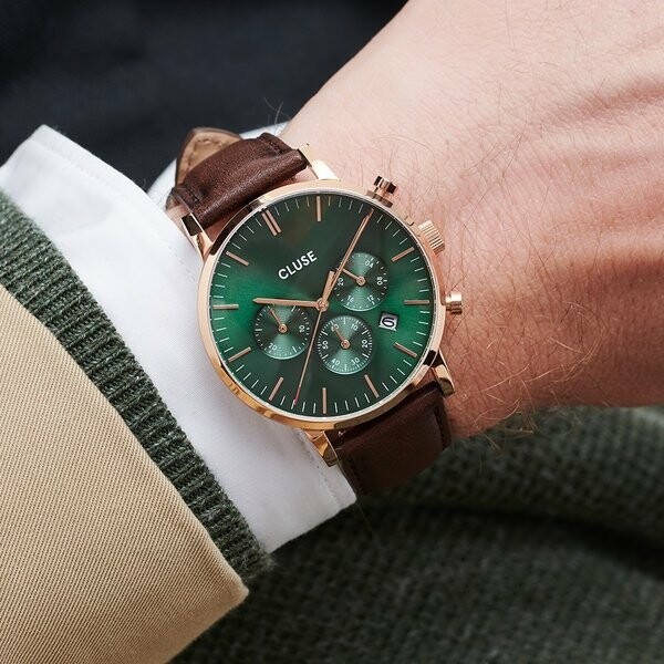 Montre Cluse Aravis Chrono Leather Rose Gold Green / Dark Brown