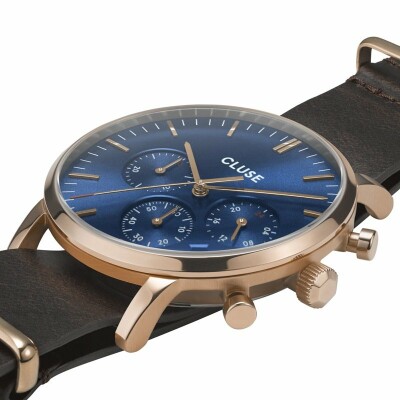 Montre Cluse Aravis Chrono Leather Rose Gold Dark Blue / Dark Brown