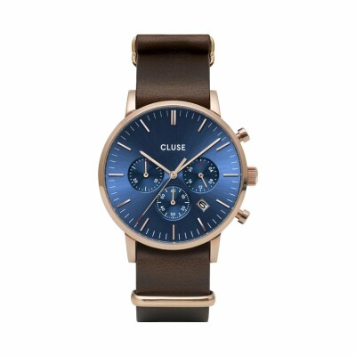 Montre Cluse Aravis Chrono Leather Rose Gold Dark Blue / Dark Brown