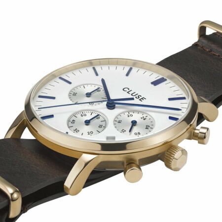 Montre Cluse Aravis Chrono Leather Gold White / Dark Brown