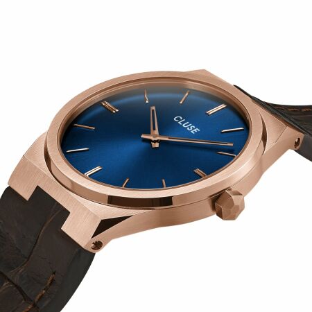 Montre Cluse Vigoureux 40 Leather, Rose Gold, Dark Blue/Dark Brown Croco