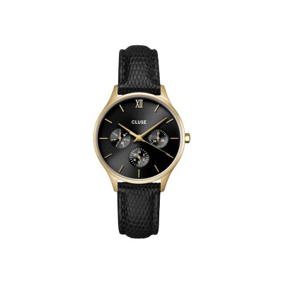 Montre Cluse Minuit Multifunction Black Watch Leather, Black Lizard, Gold Colour