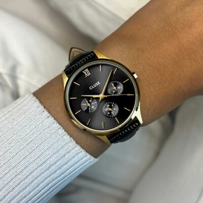 Montre Cluse Minuit Multifunction Black Watch Leather, Black Lizard, Gold Colour