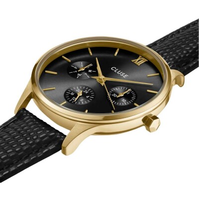 Montre Cluse Minuit Multifunction Black Watch Leather, Black Lizard, Gold Colour