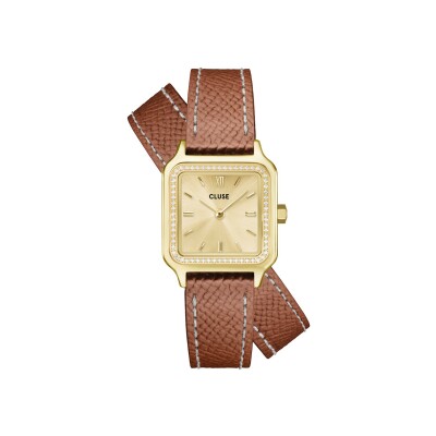 Montre Cluse Gracieuse Petite Watch Double Leather, White stones, Nutshell, Full Gold Colour