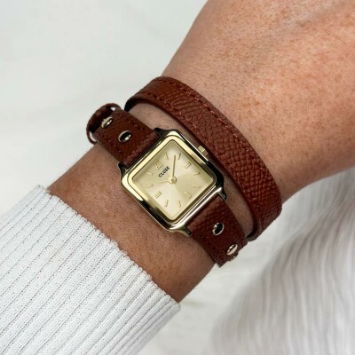Montre Cluse Gracieuse Mini Watch Double Leather Nutshell, Studs, Gold Colour