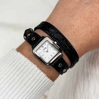 Montre Cluse Gracieuse Mini Watch Double Leather Black, Studs, Silver Colour