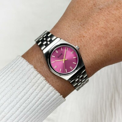Montre Cluse Retro 70s Mini Watch Steel, Fuchsia, Silver Colour