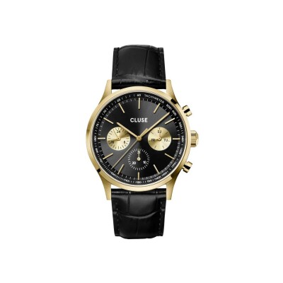 Montre Cluse Anthéor Multifunction Watch Leather, Full Black, Gold Colour