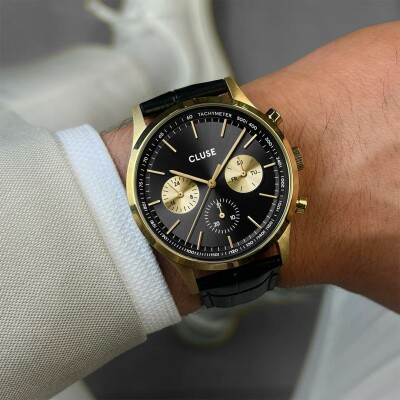 Montre Cluse Anthéor Multifunction Watch Leather, Full Black, Gold Colour