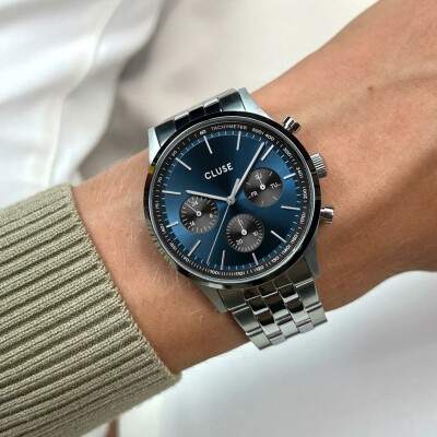 Montre Cluse Anthéor Multifunction Watch Steel Blue and Black, Silver Colour