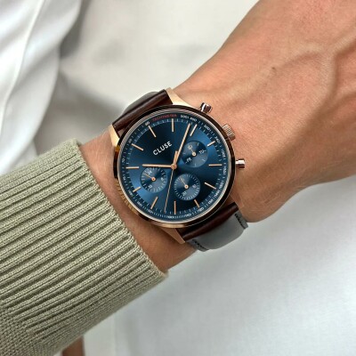 Montre Cluse Anthéor Multifunction Watch Leather Blue, Rose Gold Colour