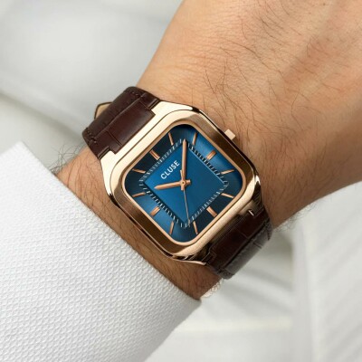 Montre Cluse Quadrus Watch Leather, Blue, Rose Gold Colour