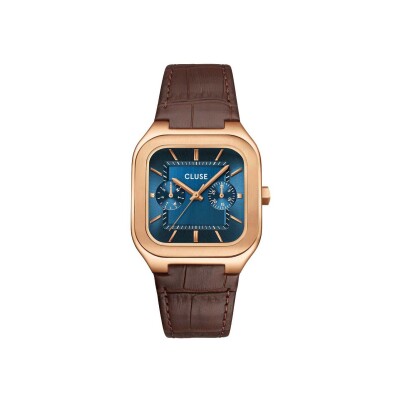 Montre Cluse Quadrus Multifunction Watch Leather, Blue, Rose Gold Colour