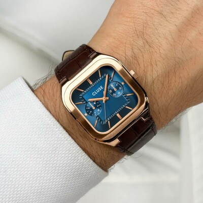 Montre Cluse Quadrus Multifunction Watch Leather, Blue, Rose Gold Colour